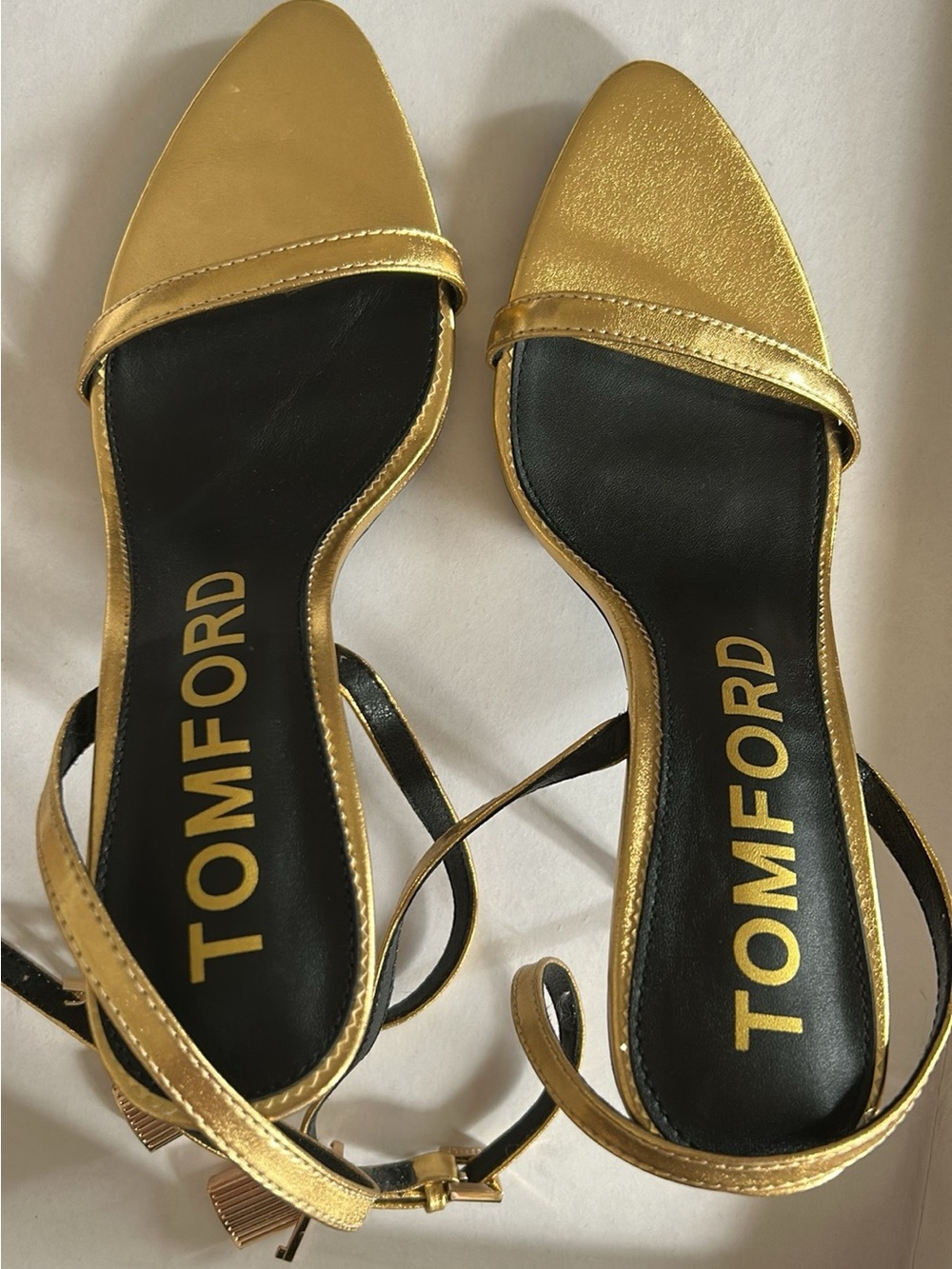 Tom Ford Gold Metallic Pointed-Toe Ankle-Strap Flats